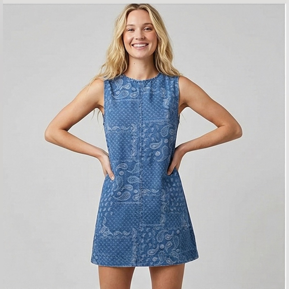 LAST ONE 🔥 Denim Paisley Bandana Print Sleeveless Mini Dress